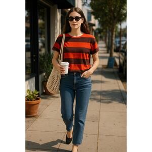 Clare V. Rugby Stripe Petite Tee In Navy/Poppy Size M